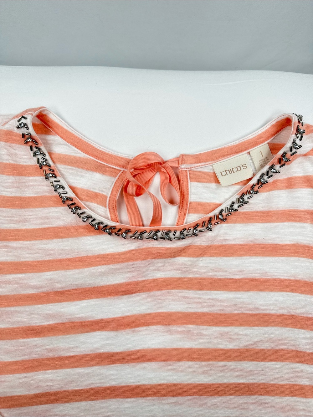 Chico's Coral and White Striped Long-Sleeve Top with Neck Tie - Picture 5 of 6